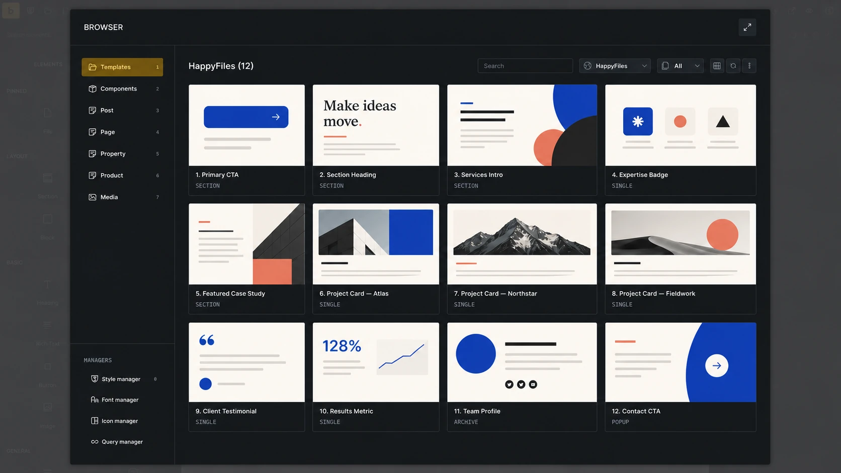 Builder Browser Templates view with HappyFiles selected as the remote source