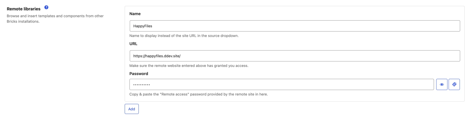 Remote libraries settings with Name, URL, and Password fields