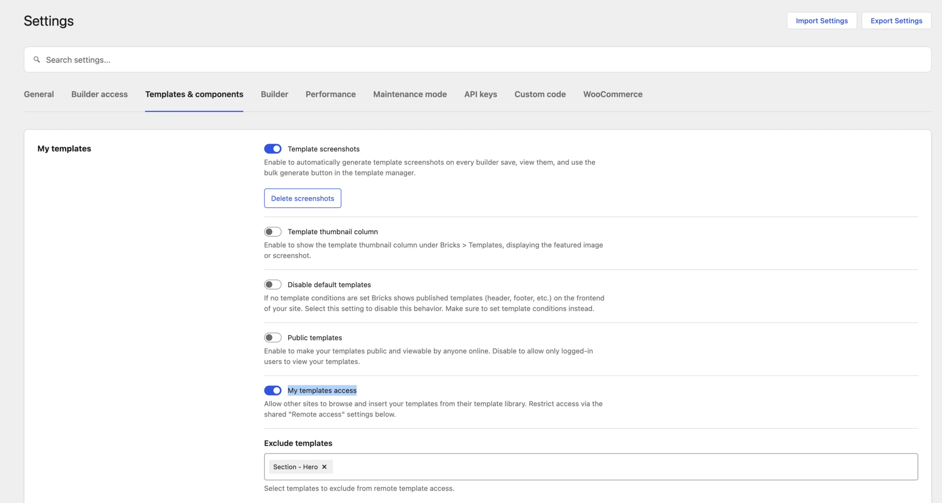 Bricks Templates and components settings with My templates access enabled and Exclude templates visible
