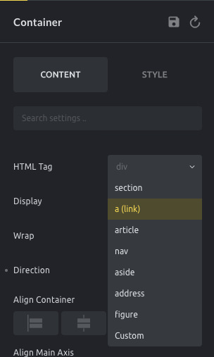 Select a semantic HTML tag to a container.