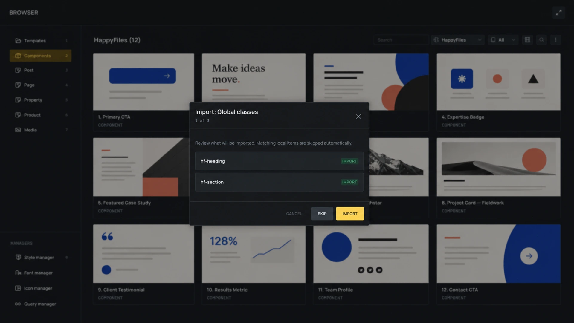 The Global classes step of the remote component import review